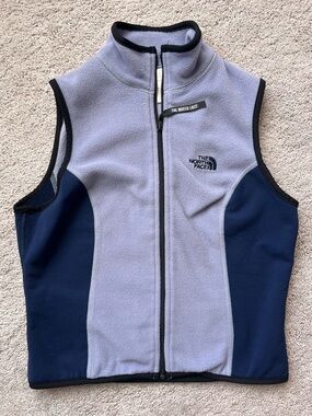 The North Face Lavender Blue Fleece Vest with Black Trim—small